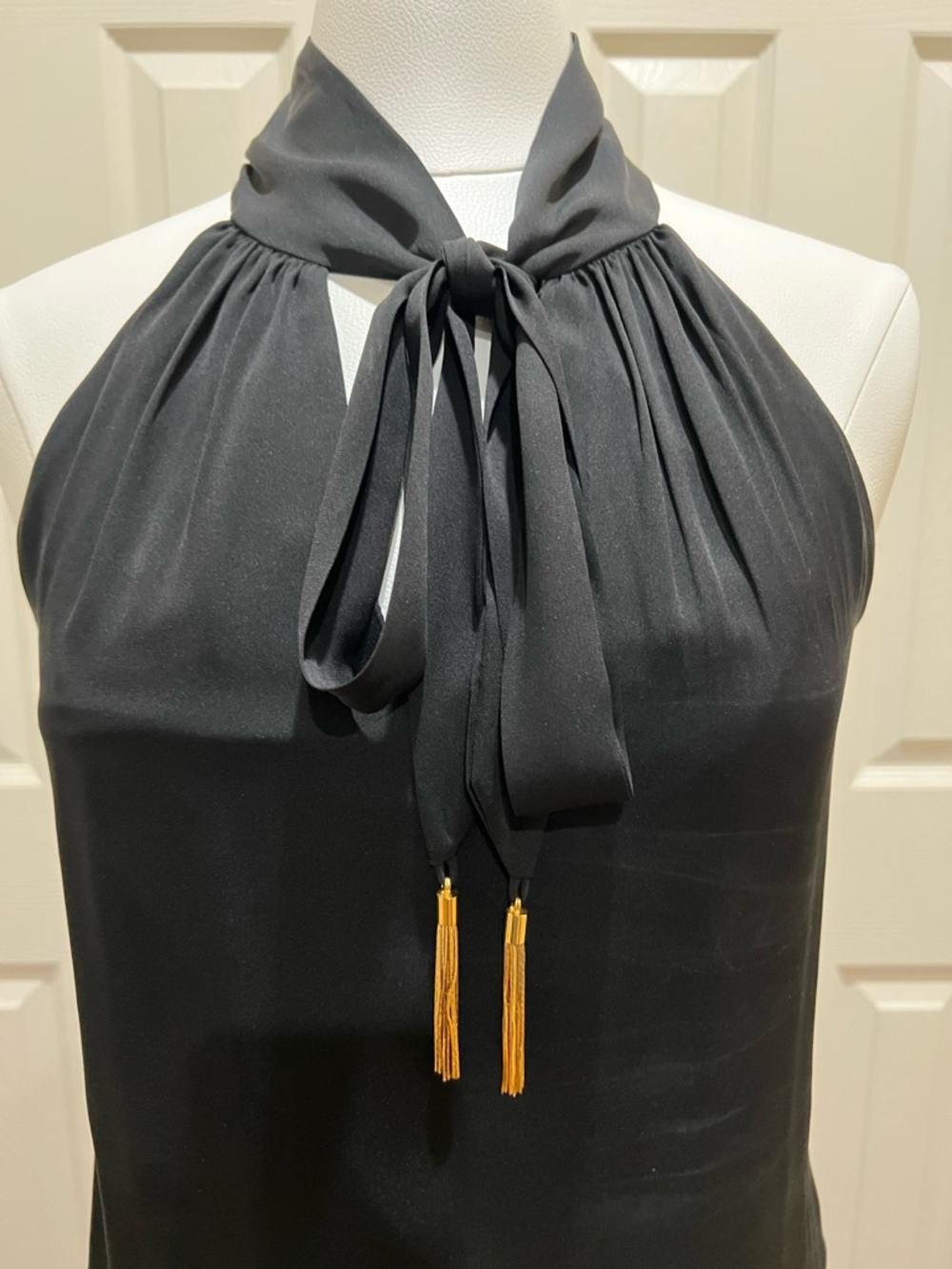 MILLY Silk Racerback Sleeveless Blouse with Gold tassels